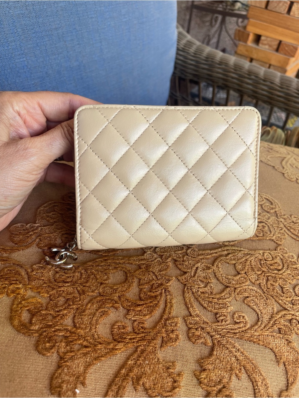 CHANEL Quilted Zip-Around Small Wallet in Beige